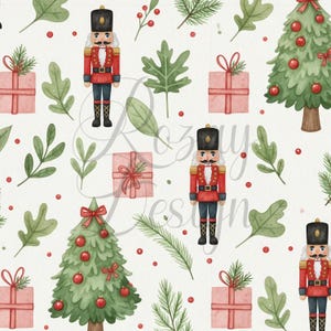 Può includere: Motivo ripetuto con elementi natalizi. Il design include schiaccianoci rossi e neri, alberi di Natale verdi con ornamenti rossi e scatole regalo rosa con fiocchi rossi, su sfondo bianco.