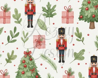 くるみ割り人形とクリスマスツリー | クリスマス | シームレスパターン | すぐにダウンロード | 印刷可能なデジタルペーパー | 繰り返しパターン