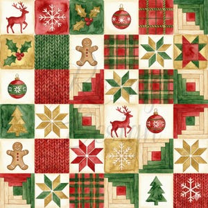 May include: A festive Christmas-themed pattern featuring squares with watercolor illustrations. The design includes reindeer, snowflakes, holly, ornaments, gingerbread men, plaid, and starbursts in red, green, and gold on a cream background.