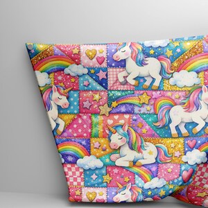 May include: A vibrant patchwork design with unicorns, rainbows, stars, and hearts. The pattern uses a mix of colours, including pink, blue, yellow, and green. The unicorns have rainbow manes and tails.