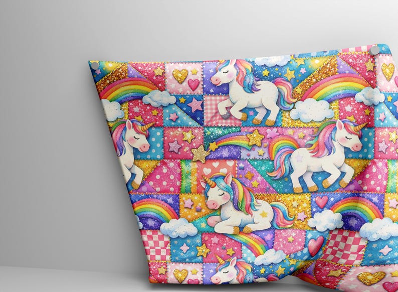 May include: A vibrant patchwork design with unicorns, rainbows, stars, and hearts. The pattern uses a mix of colours, including pink, blue, yellow, and green. The unicorns have rainbow manes and tails.