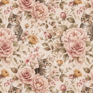 May include: A seamless pattern featuring kittens and floral elements. The design showcases multiple kittens amidst a backdrop of blush pink roses, peonies, and other flowers in shades of peach and gold, set against a cream background.