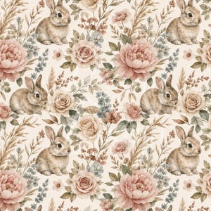 Puede incluir: Patrón repetitivo con ilustraciones en acuarela de conejitos, rosas, peonías y otros elementos florales. La paleta de colores incluye rosas suaves, cremas y verdes apagados, creando una estética vintage y romántica. Los conejitos se representan sentados.