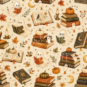 May include: A seamless pattern featuring watercolor illustrations of white ghosts reading books, stacks of vintage books, orange pumpkins, lit candles, and autumn leaves on a cream background. The design includes stars and crescent moons.