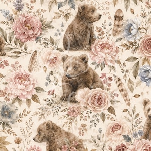 May include: A repeating pattern featuring brown bear cubs amidst a backdrop of blush pink, mauve, and blue floral elements. The design includes roses, peonies, and feathers on a cream-colored background, creating a vintage aesthetic.