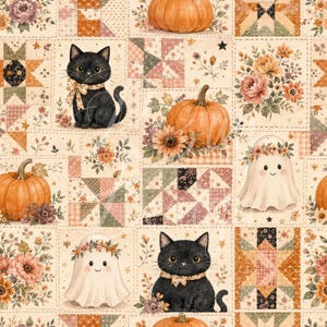 Niedliches Halloween-Patchwork | Katzen, Geister und Kürbisse | Halloween | Nahtlose Muster | Sofort-Download | Wiederholendes Muster | Stoffdruck