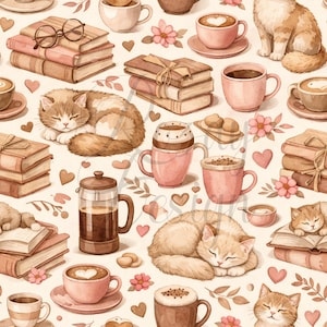 Könnte beinhalten: Aquarell-Illustration mit einem sich wiederholenden Muster aus Kaffeetassen, Büchern, schlafenden Katzen, Herzen und Blumen in Braun-, Rosa- und Cremetönen. Das Bild enthält eine French Press und eine Brille auf einem Stapel Bücher.
