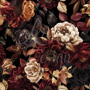 May include: A dark floral pattern featuring roses, peonies, and leaves in shades of burgundy, gold, and cream against a black background. The design includes detailed petals and gold accents, creating a rich, textured look. This pattern is suitable for fabric or wallpaper.