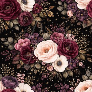 May include: A floral pattern featuring a dark background with a dense arrangement of roses, anemones, and other flowers in shades of burgundy, pink, and white. Gold accents and foliage complete the design.