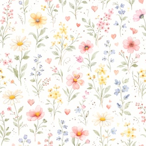 May include: A watercolor floral pattern featuring a variety of flowers in shades of yellow, pink, and blue, with green leaves and small pink hearts scattered across a white background. The design has a delicate, hand-painted aesthetic.