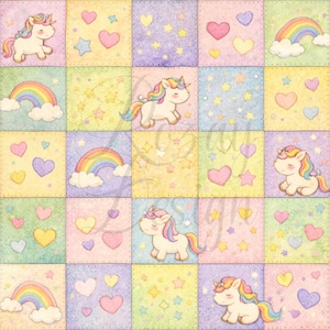 Puede incluir: Un diseño de patchwork colorido con unicornios, arcoíris, corazones y estrellas. Los cuadrados son en colores pastel rosa, amarillo, verde y morado. Los unicornios tienen crines y colas de arcoíris.