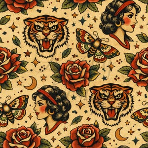May include: A repeating pattern featuring traditional tattoo art elements. The design includes roaring tigers, red roses, butterflies, crescent moons, stars, and portraits of women with red headbands, all set against a cream-colored background.