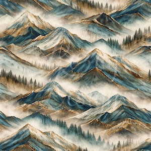 May include: A repeating pattern of mountain peaks in shades of blue, gold, and brown, with a misty, atmospheric effect. The design includes evergreen trees and a watercolor-like texture, creating a scenic landscape.