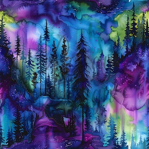 May include: A vibrant watercolor painting depicts a forest scene with tall, dark evergreen trees set against a backdrop of swirling blues, purples, and greens. The artwork evokes the aurora borealis, with a dreamy, ethereal quality.