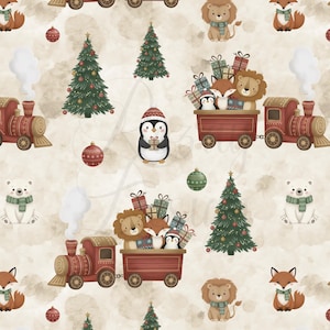 May include: A repeating pattern featuring a festive Christmas theme. The design includes red toy trains, decorated Christmas trees, and various animals such as lions, foxes, penguins, and polar bears, all adorned with scarves and carrying gifts. Ornaments complete the holiday scene.