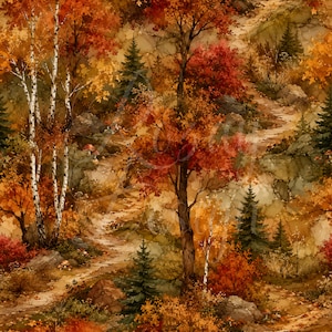 May include: A repeating fabric pattern featuring a dense autumn forest scene with vibrant orange, red, and yellow foliage. The design includes tall birch trees, evergreen pines, rocky terrain, and a winding dirt path throughout the landscape.