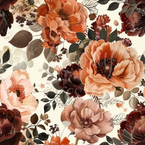 May include: Watercolor floral pattern featuring large, open blooms in shades of peach, orange, and burgundy. The design includes detailed leaves and smaller floral accents against a cream background, creating a rich, textured look.