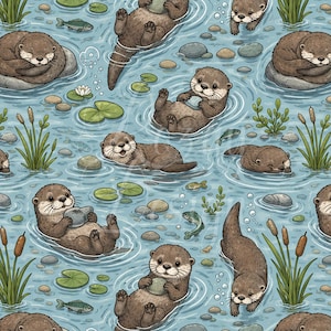 Peut inclure: Motif répété d'otaries de dessin animé dans un étang bleu. Les loutres sont brunes avec le ventre blanc, entourées de nénuphars, de poissons et de pierres. Certaines loutres tiennent des pierres, d'autres nagent ou se reposent. L'eau a des effets d'ondulation.