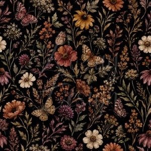 May include: A seamless pattern featuring a dark black background with botanical illustrations of various wildflowers, grasses, and butterflies in muted earth tones of rust, brown, cream, and deep purple. The design includes detailed floral motifs.