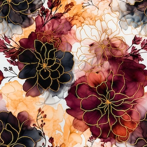 May include: An abstract floral pattern featuring large flowers in shades of burgundy, black, orange, and white. The flowers are outlined in gold, creating a luxurious and artistic design. The overall theme is elegant and suitable for various applications.