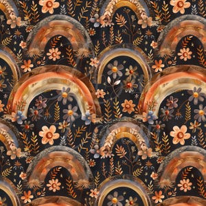 Op de afbeelding: Een herhalend patroon met aquarel regenboog in tinten oranje, bruin en goud, afgewisseld met bloem- en botanische elementen. Het ontwerp bevat madeliefjes en andere bloemen, met een donkere achtergrond.