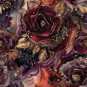May include: A seamless pattern featuring watercolor roses in deep burgundy and purple hues, accented with gold outlines and shimmering gold flecks. The design includes stylized leaves and a marbled background, creating a luxurious floral aesthetic.