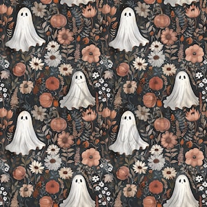 Peut inclure: Motif répété avec des fantômes blancs, des citrouilles et diverses fleurs dans des tons orange, crème et marron sur fond sombre. Le design a un thème fantaisiste et automnal, idéal pour Halloween ou les créations sur le thème de l'automne.