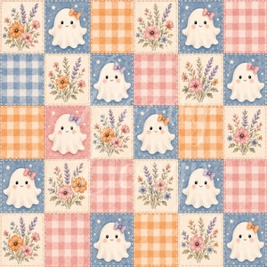 Könnte beinhalten: Ein sich wiederholendes Muster aus quadratischen Kacheln mit weißen Geistern mit kleinen Schleifen, Blumensträußen und Vichy-Karos in Orange-, Rosa- und Blautönen. Das Design enthält kleine weiße Sterne auf den blauen Hintergründen.