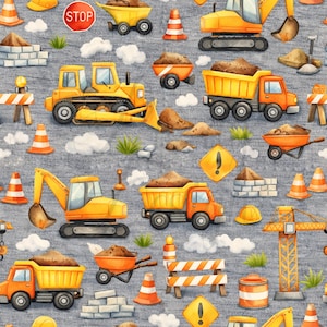 Puede incluir: Patrón repetitivo con vehículos y equipos de construcción sobre fondo gris. El diseño incluye camiones volquete naranjas, excavadoras amarillas, carretillas, conos de tráfico y una señal de stop. También hay nubes blancas y montones de tierra.