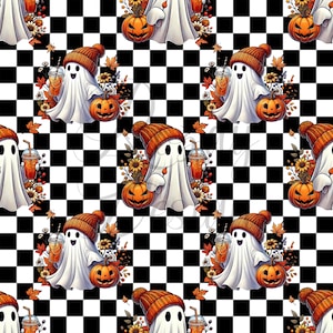 Puede incluir: Patrón repetitivo con un fantasma de dibujos animados con gorro naranja, sosteniendo una calabaza tallada y una bebida. El fantasma está rodeado de follaje y flores otoñales, sobre un fondo a cuadros blanco y negro.
