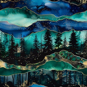 May include: Abstract watercolor landscape art featuring layers of teal, blue, and black with gold accents. Silhouetted evergreen trees and mountain ranges create a serene forest scene. The design has a starry night sky.