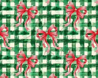 Green Gingham and Red Bows | Christmas | Seamless Patterns | Instant Download | Printable Digital Paper | Repeating Pattern