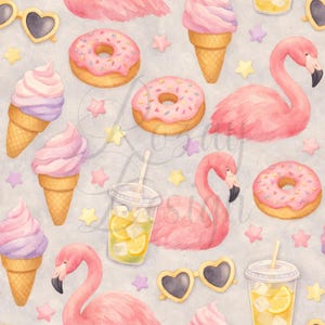 Peut inclure: Motif aquarelle avec des flamants roses, des beignets glacés, des cornets de glace, des lunettes de soleil en forme de cœur et de la limonade. Le motif comprend des étoiles jaunes, roses et violettes sur fond gris clair. Thème estival et amusant.