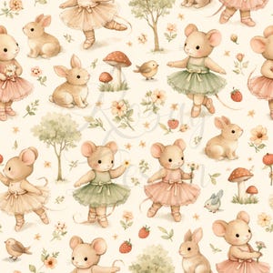 Peut inclure: Motif aquarelle avec des souris dansant en tutus de ballet, des lapins, des oiseaux, des champignons, des fleurs et des arbres. Les souris portent des tutus roses et verts avec des rubans. Fond crème.