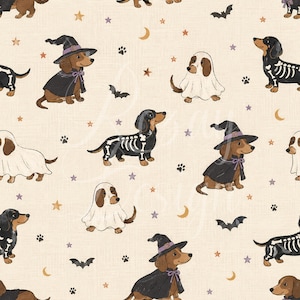 May include: A seamless pattern on a light beige background featuring brown dachshunds dressed in black witch hats and capes, white ghost costumes, or black skeleton suits, interspersed with small black bats, paw prints, stars, and crescent moons.