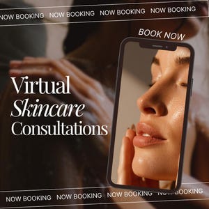 Puede incluir: Imagen que promociona consultas virtuales de cuidado de la piel. La imagen presenta un teléfono inteligente que muestra un primer plano del rostro de una persona, con las palabras "Consultas virtuales de cuidado de la piel" y "Reservar ahora".