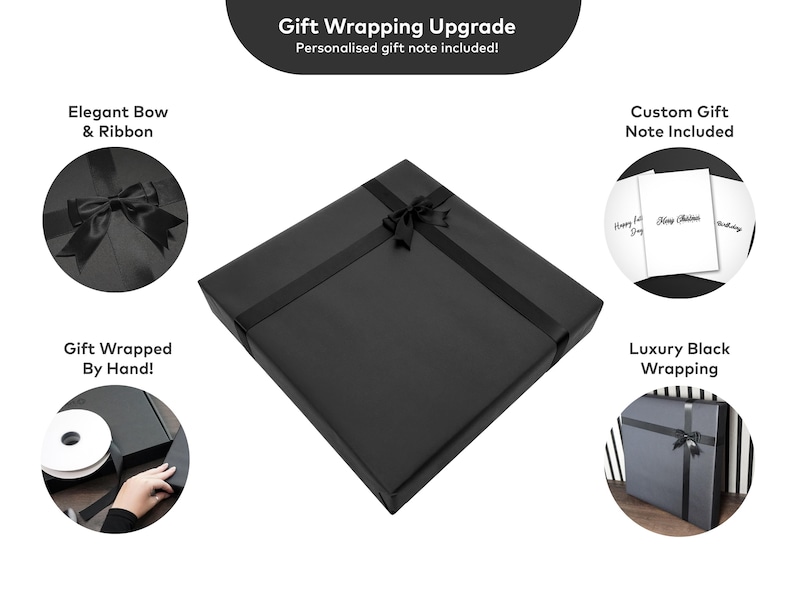 Puede incluir: Una caja de regalo cuadrada envuelta en papel negro mate con un lazo negro. La imagen incluye el texto: Gift Wrapping Upgrade, Personalised gift note included, Elegant Bow & Ribbon, Custom Gift Note Included, Gift Wrapped By Hand!, Luxury Black Wrapping.