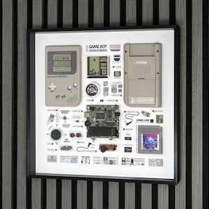 Può includere: Una cornice con un display Nintendo Game Boy smontato che mostra la parte anteriore e posteriore della console, una scheda elettronica interna, una cartuccia di gioco Tetris e un cavo Game Link. Lo sfondo bianco include diagrammi tecnici.