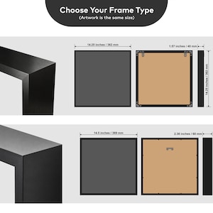 Puede incluir: Una tabla comparativa titulada Choose Your Frame Type muestra la Opci&oacute;n A, un marco de aluminio s&oacute;lido de 362 mm por 362 mm con 40 mm de profundidad y plexigl&aacute;s de 2 mm, y la Opci&oacute;n B, un marco de MDF laminado de 369 mm por 369 mm.