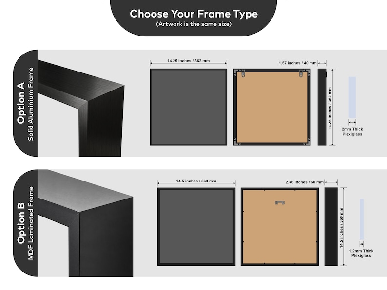 Puede incluir: Una tabla comparativa titulada Choose Your Frame Type muestra la Opci&oacute;n A, un marco de aluminio s&oacute;lido de 362 mm por 362 mm con 40 mm de profundidad y plexigl&aacute;s de 2 mm, y la Opci&oacute;n B, un marco de MDF laminado de 369 mm por 369 mm.