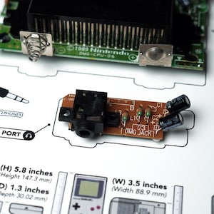 Macro view of original Game Boy audio and circuit-board components mounted beside technical labels on a disassembled console display – piezas originales, originale Game-Boy-Teile, originele onderdelen.