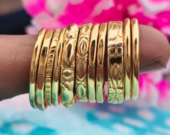 Gold Plated Ring Set: 11 Piece Textured Stackable Indian Jewelry