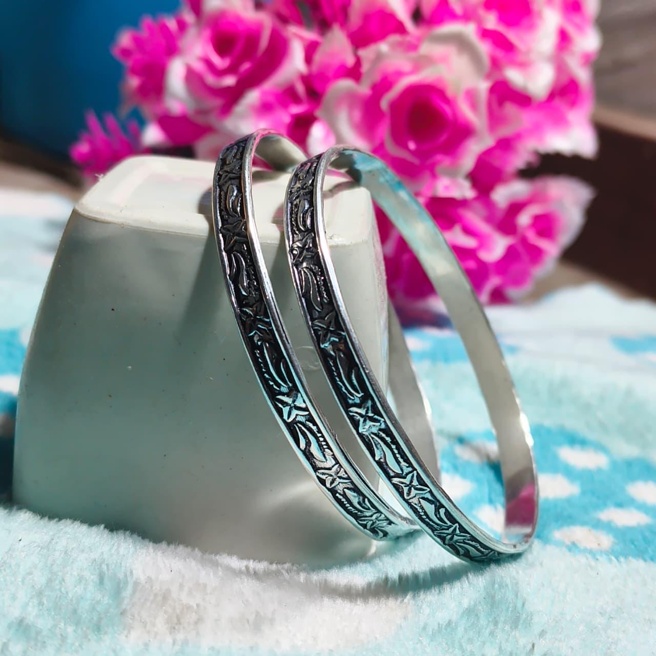 Handmade Silver Alloy Bangles | Floral Engraved Oxidized Bracelet
