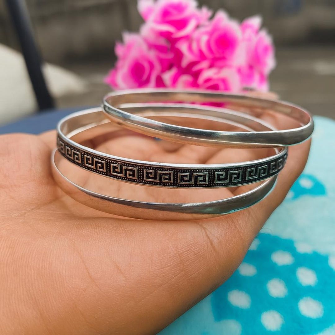 Handmade Greek Key Bangles | Silver Bracelet Set 3 for Women | Boho ...