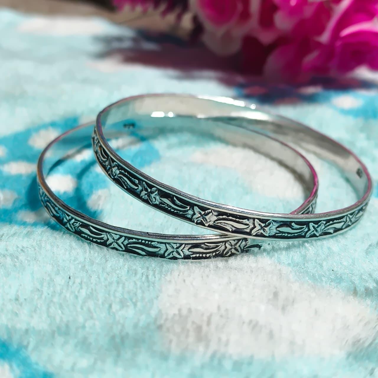 Handmade Silver Alloy Bangles | Floral Engraved Oxidized Bracelet
