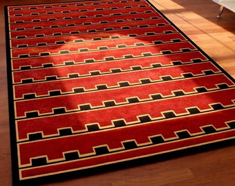 Modern Geometric Area Rug – Red, Black Stepped Line Carpet
