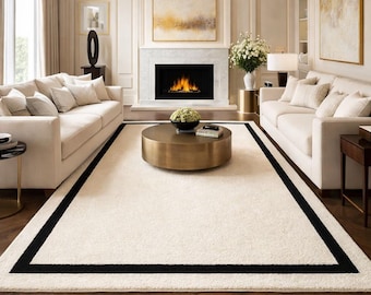 Luxury Hand Tufted Ivory Border Rug with Black Frame – Modern Minimalist Living Room Carpet