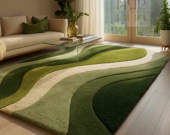 Modern Green Wavy Pattern Carpet | Nature Inspired Designer Rug for Living Room