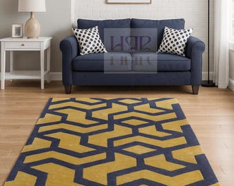 Modern Geometric Yellow and Navy Blue Area Rug for Living Room | Contemporary Designer Carpet