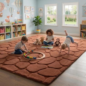 Alfombra de guijarros tejida a mano, alfombra infantil marrón terracota, alfombra de área con estampado de piedra orgánica